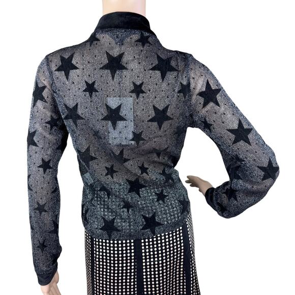 New Haoduoyi Black Stars Tie Front Shimmery Silver Long Sleeves Blouse Size S - Picture 6 of 9